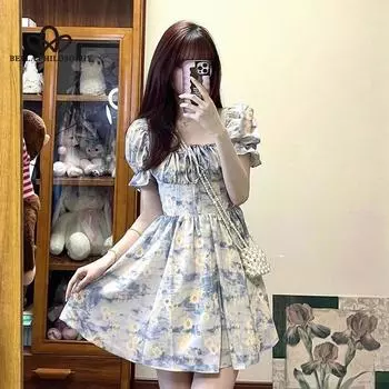 Ленивое платье во французском стиле с квадратным воротником, пышными рукавами и цветочным принтом, женское летнее праздничное платье трапециевидной формы с узкой талией, короткая юбка S синий