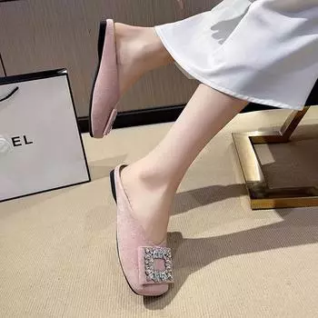 Ленивые полутапочки женские весна 2025 новые стразы квадратная головка неглубокий носок плоский дно модные нежные женские тапочки 35 синий