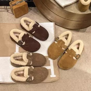 Ленивые туфли с флисовым мешком на голове и полуперетаскиванием женские осенние и зимние пушистые туфли 2024 года для сохранения тепла и катания на педалях из хлопка 35 жёлтый