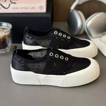 Ленивые универсальные сетчатые кружевные туфли-лодочки на одной педали, дышащая мягкая подошва, с мелким вырезом, летние женские повседневные туфли на плоской подошве 35