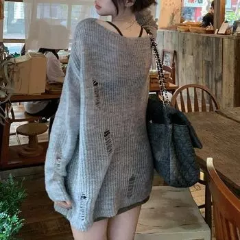 Ленивые ветровые топы Y2K Тонкая верхняя одежда Пуловер Готические свитера Женские свободные отверстия Вязаный ажурный солнцезащитный свитер Большие размеры ONE SIZE розовый