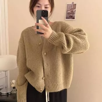 Ленивый корейский свободный свитер, женское пальто, весна-осень 2023, новый стильный силуэт, однотонный вязаный кардиган, свитер, женские топы One Size розовый
