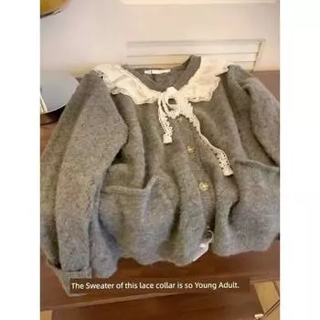 Ленивый Милый Кружевной Кардиган с V-образным вырезом Нежный Свитер Grey L Recommended 52.50 kg-57.50 kg