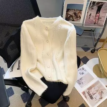 Ленивый мягкий клейкий вязаный свитер, пальто, женский нежный и милый, уменьшающий возраст ногтей, кардиган с длинными рукавами и бусинами