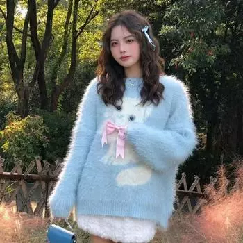 Ленивый синий свитер свободный свитер осень и зима новый бабочка узел украшение милый вязаный свитер топ one size небесно-голубой