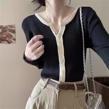 Ленивый стиль, контрастный цвет, облегающий вязаный кардиган для женщин на осень и зиму с уникальным дизайном и темпераментом, нижняя часть свитера, рубашка One Size
