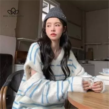 Ленивый стиль, контрастный цветной свитер с v-образным вырезом, женский осенне-зимний новый съемный верхний свитер, полосатый вязаный свитер, топ China белый