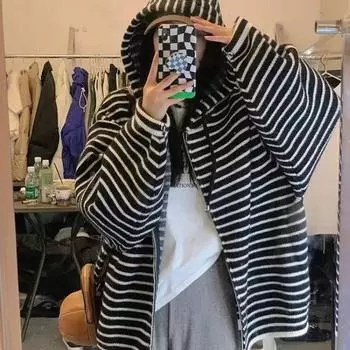 Ленивый стиль полосатый ретро-свитер с капюшоном на молнии женский весна-осень корейский стиль свободный повседневный трикотажный жакет XXL чёрный