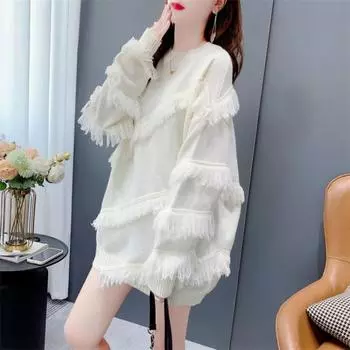 Ленивый стиль, свитер с круглым вырезом и кисточками, женский пуловер, осень 2023, повседневный дизайн, свободный пуловер с длинными рукавами, вязаный свитер, женский топ