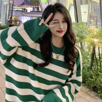 Ленивый стиль, свитер в контрастную полоску, женский пуловер, новый зимний свободный свободный свитер с круглым вырезом, тонкий вязаный свитер с длинными рукавами, пуловер, пальто One Size зелёный