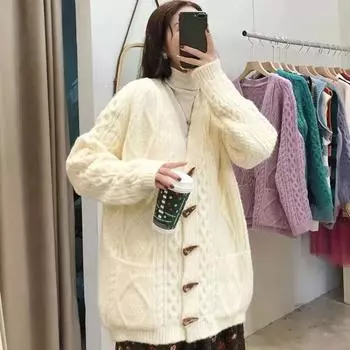 Ленивый стиль, жареное тесто, вязаный свитер, кардиган, пальто для женщин, 2023, корейский женский свободный кардиган, свитер, женские топы One Size зелёный