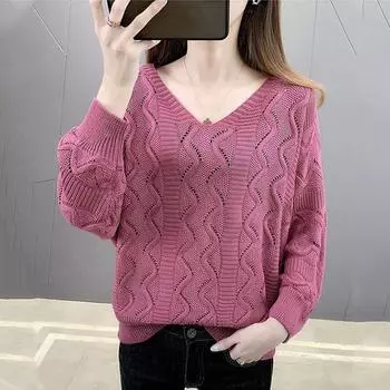 Ленивый свитер с рукавами летучая мышь, ажурной вязки, модный повседневный тонкий топ с длинными рукавами для весны и осени, женский пуловер с V-образным вырезом average size 53-304 розовый