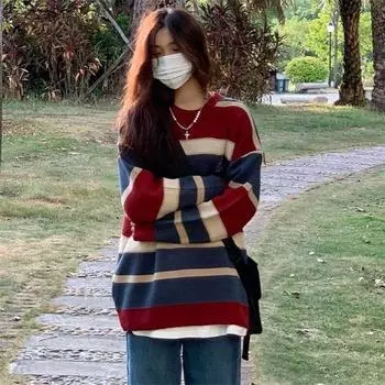 Ленивый свитер со свободными и высококачественными трикотажными полосками, женский универсальный полосатый топ с длинными рукавами в студенческом стиле, модный S темно-синий/красный