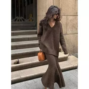 Ленивый свитер, трикотажный костюм, платье для женщин на осень и зиму, пуловер с V-образным вырезом, трикотажный свитер, топ, юбка, модный комплект из двух предметов S чёрный