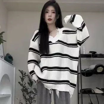 Ленивый свитер, женский пуловер, новый осенне-зимний корейский вариант, свободный дизайн, полосатый свитер с длинными рукавами, женский пуловер