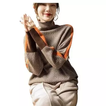 Ленивый свободный цельношерстяной свитер с рукавами контрастного цвета и высоким воротником, женский осенне-зимний женский свитер S зелёный