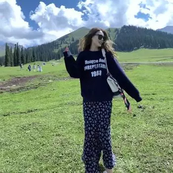 Ленивый темно-синий флисовый свитер с круглым вырезом и принтом, женский осенне-зимний ретро-утолщенный свободный топ с длинными рукавами M