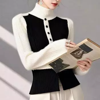 Ленивый темперамент контрастного цвета свитер с высоким воротом для женщин мягкий и липкий внутренний топ с пуловером с длинными рукавами вязаный свитер топ S