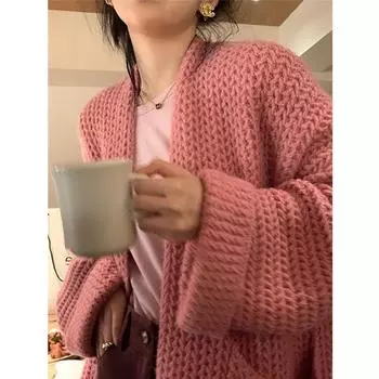 Ленивый толстый большой свитер мягкий восковой приятный для кожи свободный длинный рукав шерстяной вязаный свитер длинный кардиган куртка женская осень и зима One Size розовый