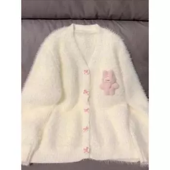 Ленивый Утолщенный Вариант Вязаный Кардиган из Сладкого Меха Норки Milky White S [Suggested 37.50 kg-45.00 kg]]