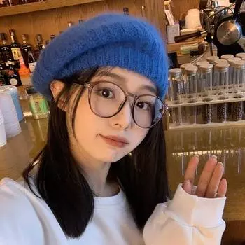 Ленивый ветер~ Берет из кроличьей шерсти женский осенне-зимний вязаный плюшевый большой обхват головы шапка художника с изображением маленького лица One Size (55-59cm) синий