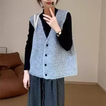 Ленивый ветер большой размер свободный свитер жилет новая осенняя женская одежда корейская версия универсальный стек одежда без рукавов топ One size серый