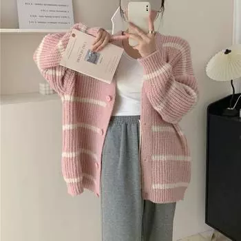 Ленивый ветер цвет столкновения полосатый вязаный кардиган женский осень и зима ретро V-образный вырез свободный тонкий свитер прилив One size розовый