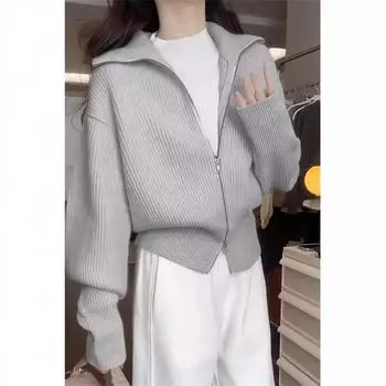 Ленивый ветер двойная молния лацкан вязаный кардиган женский осень и зима стиль колледжа с мягким восковым свободным коротким свитером курткой one size fits all