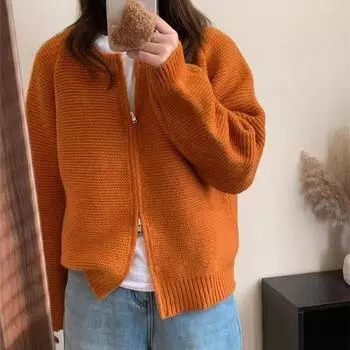 Ленивый ветер двойная молния свитер куртка женская осень и зима новый корейский простой дизайн короткий вязаный кардиган One size зелёный