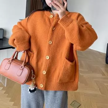 Ленивый ветер круглый вырез с длинными рукавами вязаный кардиган женский 24 осень и зима новый корейский простой повседневный свободный и тонкий свитер One Size светло-желтого