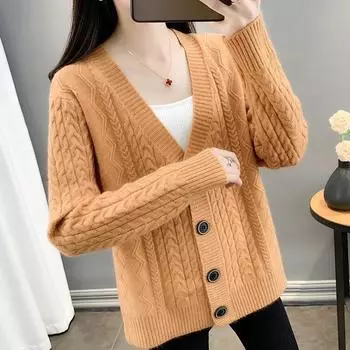 Ленивый ветер однотонный твист вязаный кардиган 2024 осень и зима новый V-образный вырез куртка свободный повседневный иностранный стиль свитер женский average size бежевый