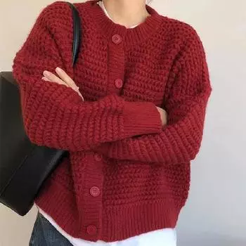 Ленивый ветер осень и зима 2024 ананасовый узор круглый вырез длинный рукав свитер женская куртка свободный повседневный вязаный кардиган женский One size красный