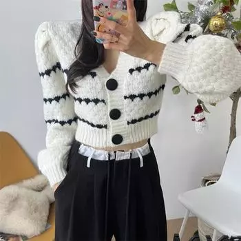 Ленивый ветер осень и зима новый модный повседневный вязаный кардиган женский полосатый контрастный цвет V-образный вырез рукав-фонарик свитер one size fits all серый