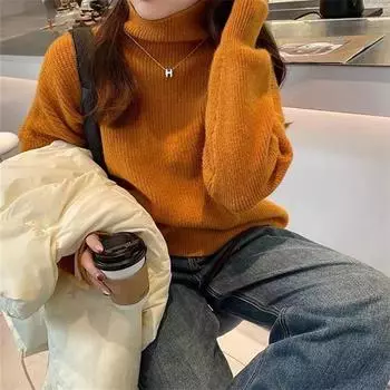 Ленивый ветер осень и зима новый однотонный свитер с высоким воротом женский пуловер длинный рукав свободный повседневный вязаный свитер женский average size тёмно-синий