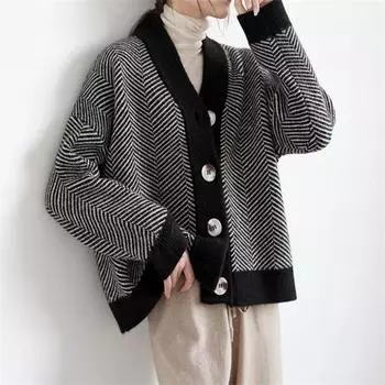 Ленивый ветер ретро полосатый вязаный свитер женская верхняя одежда осень и зима свободный кардиган куртка удобная универсальная и модная One size