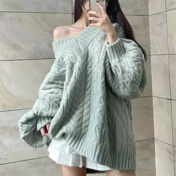 Ленивый ветер ретро твист свободный свитер с v-образным вырезом женский осенне-зимний высококачественный мягкий вощеный верхняя одежда универсальный вязаный свитер average size