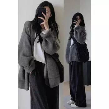 Ленивый ветер серый свитер кардиган куртка женская осень и зима 2024 новый высококачественный свободный трикотажный топ one size fits all серый