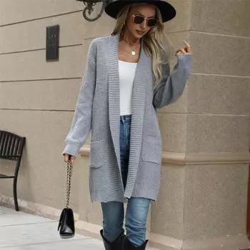 Ленивый ветер свитер кардиган осень и зима новый дикий свободный лацкан длинный кардиган свитер куртка женский повседневный модный и универсальный S серый