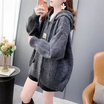 Ленивый ветер свитер с капюшоном женский осень и зима 2024 новый свободный повседневный универсальный пуловер вязаный свитер топ прилив S кофейный