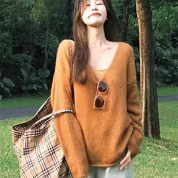 Ленивый ветер свободный и тонкий трикотажный свитер с v-образным вырезом женский 2024 новый внутренний свитер нижняя часть рубашки осенний универсальный топ One Size оранжевый