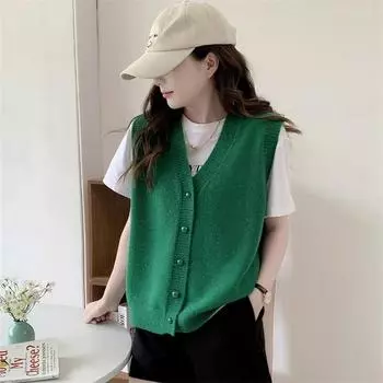 Ленивый ветер V-образный вырез трикотажный жилет женский осень и зима новый корейский вариант внешний кардиган свитер жилет женский One Size зелёный