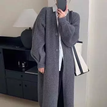Ленивый ветер выше колена длинный свитер куртка пальто женская осень и зима новая корейская версия свободный однобортный вязаный кардиган женский One Size серый