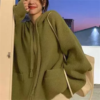 Ленивый ветровой свитер женский дизайн чувство новый осень и зима корейская верхняя одежда с капюшоном и длинными рукавами вязаный кардиган топ прилив one size fits all зелёный