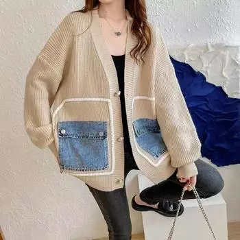 Ленивый ветровой свитер женский ковбойский карман сращивание свободный повседневный осенний вязаный кардиган куртка женский удобный универсальный и модный One size серый