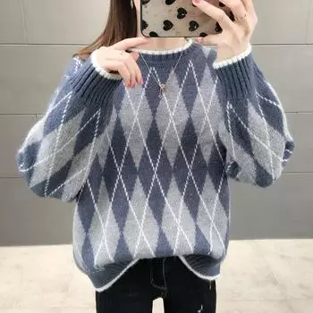 Ленивый ветровой свитер женский новый ретро свободный верхняя одежда ромбовидный клетчатый круглый вырез вязаный свитер утолщенный пуловер топ женский S fits [80-90] сине серый