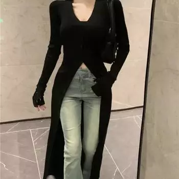 Ленивый винтажный черный кардиган с v-образным вырезом, женский осенний новый облегающий солнцезащитный топ, трикотажные топы с длинными рукавами для девочек Y2k S чёрный