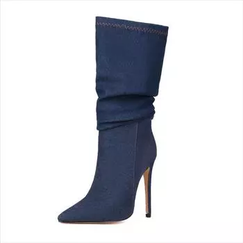 lenkisen Джинсовые осенне-зимние туфли с острым носком и шпильками на высоком каблуке, сохраняющие тепло, модные плиссированные сапоги до середины голени 34 чёрный