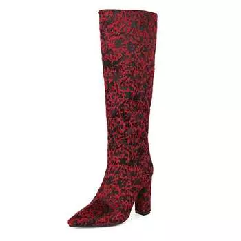 Lenkisen Faux Fur Pattern Autumn Winter Shoes Super Thick High Heels Flowers Patterns European Keep Knee Boots