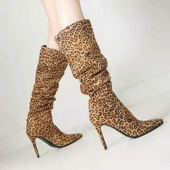 lenkisen Осенне-зимняя обувь из флока на очень высоком каблуке с леопардовым принтом, сапоги для верховой езды, сохраняющие тепло, модные сапоги до колена 34 леопардовый