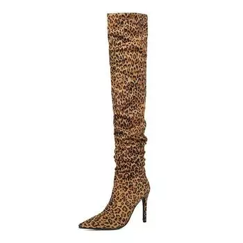 Lenkisen Flock Autumn Winter Shoes Super High Heels Leopard Patterns Equestrian Boots Keep Warm Fashion Over-the-knee Boots